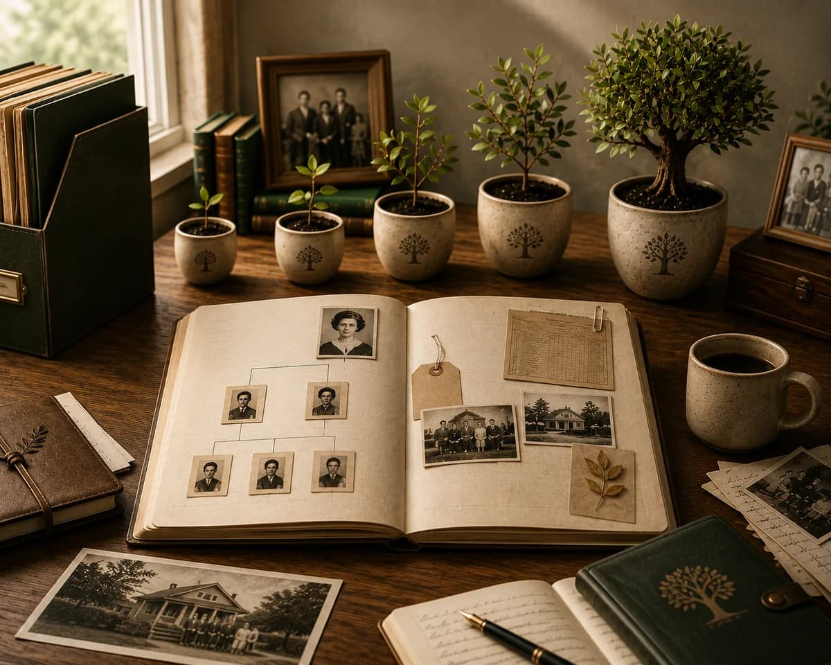 Growing plants beside an open family-history album showing family relationships and evidence.