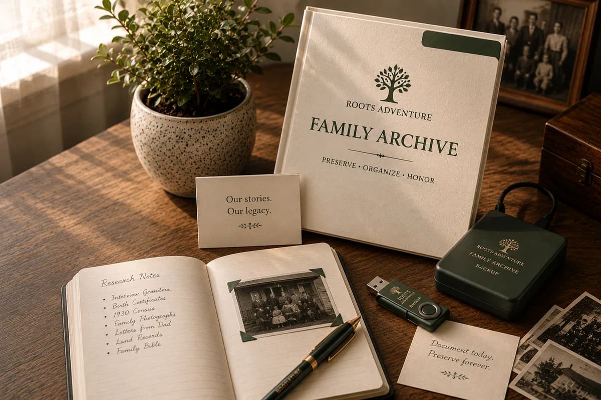 Family archive binder, notes, USB drive, and backup drive arranged on a desk.