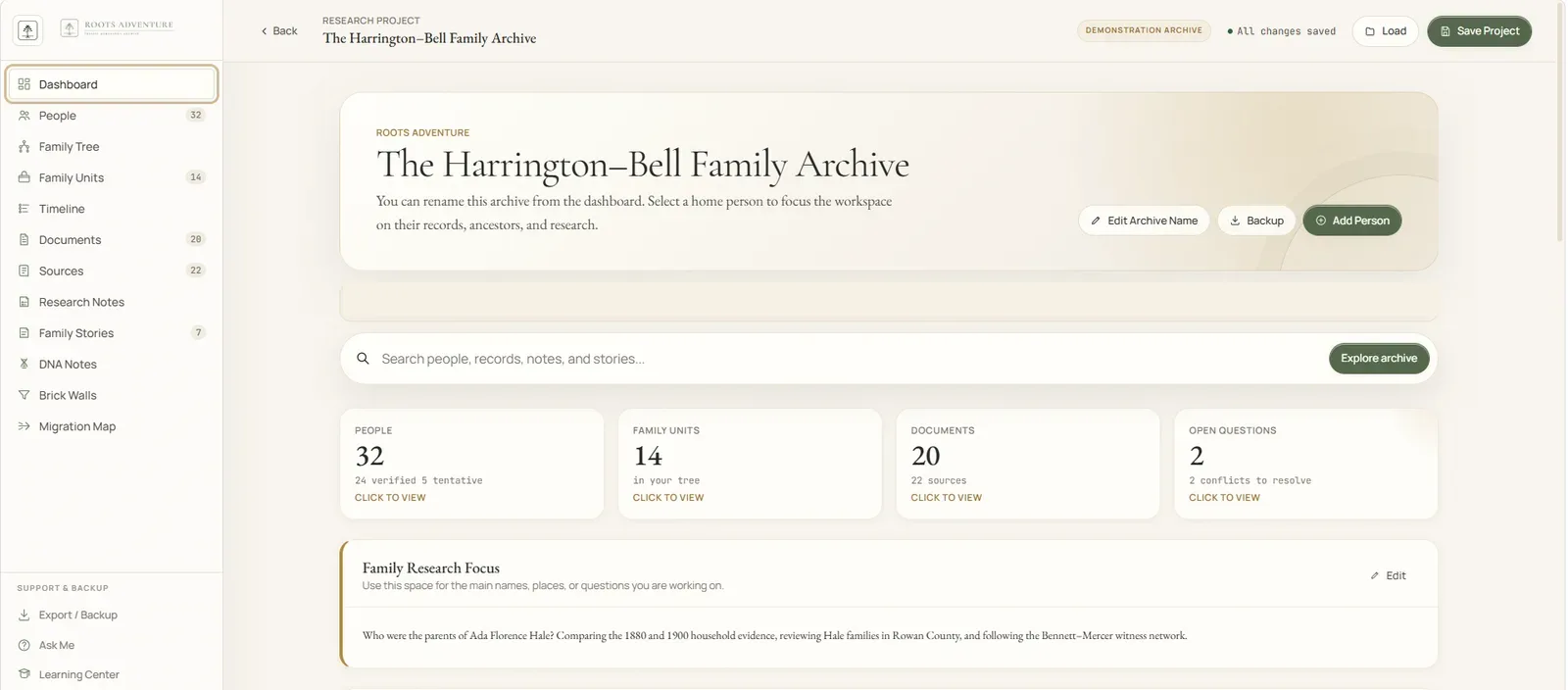 Full Archive dashboard showing people, family units, documents, open questions, and research focus.