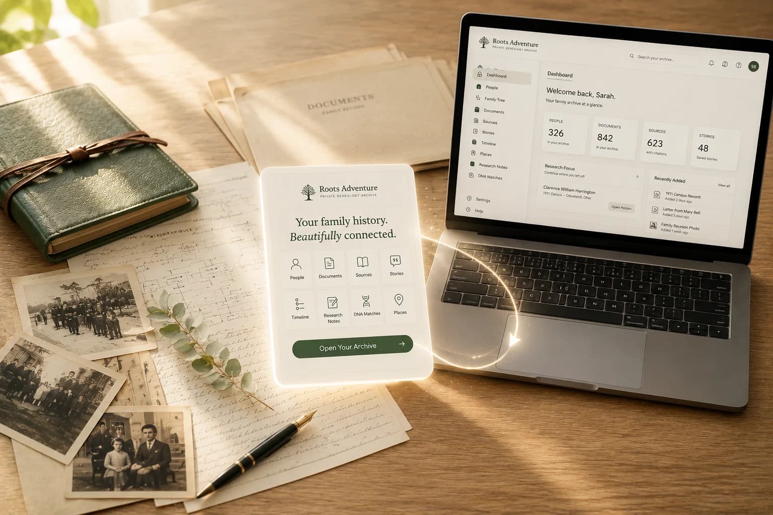 Family history materials on a desk with a Roots Adventure digital archive open on a laptop and tablet.