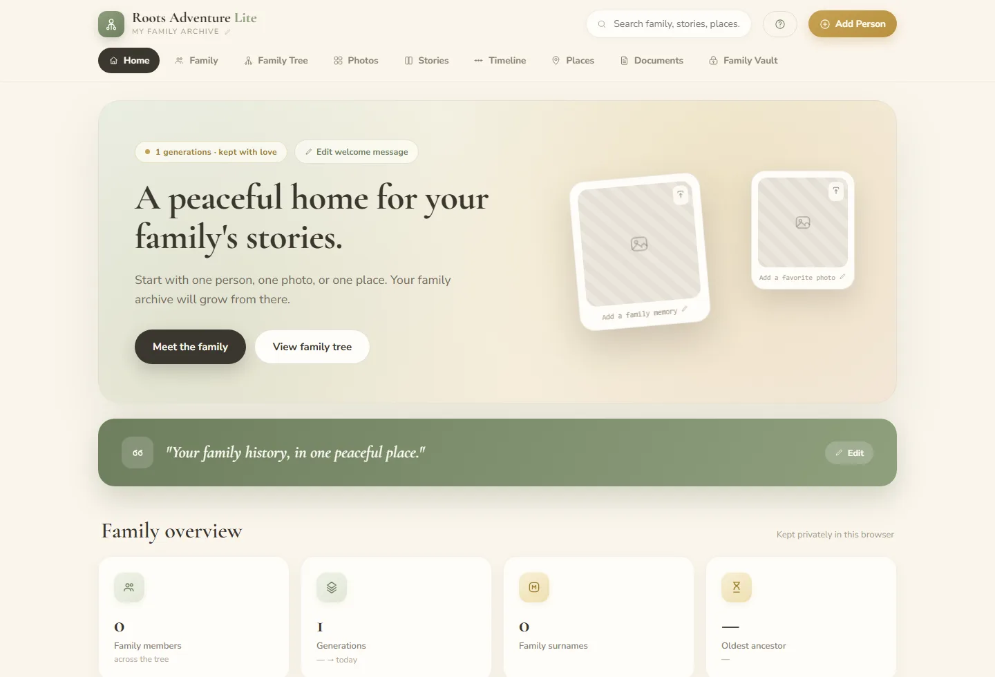 Lite Archive home screen captured from the real HTML archive with family, tree, photos, stories, timeline, places, and documents navigation.