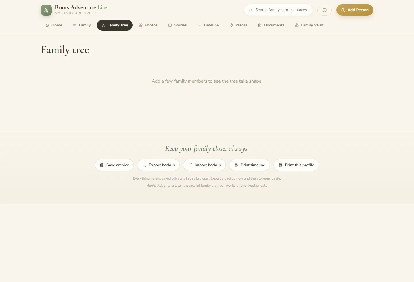 Lite Archive family tree view captured from the real HTML archive.