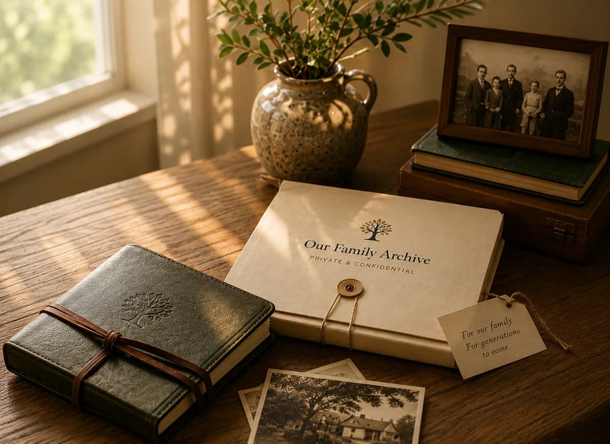 Private family archive materials arranged on a wooden table with family photographs.
