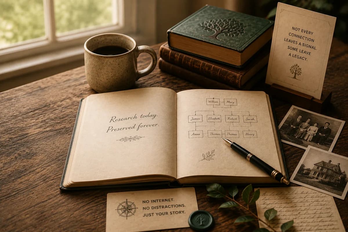 Open family-history notebook, photographs, books, and coffee on a quiet desk.