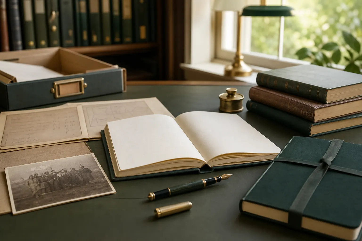 Family-history notebook, photograph and reference materials arranged on a research desk.