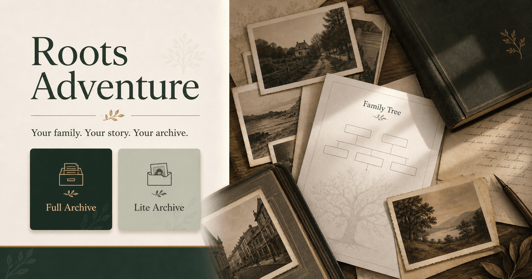 Roots Adventure archival composition with family-history papers, photographs, and product cards